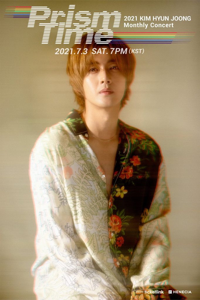 Kim Hyun Joong event poster for 2021 Kim Hyun Joong Monthly Concert Prism Time - Yellow taking palce on Saturday, July 3 at 7PM Korean Standard Time.