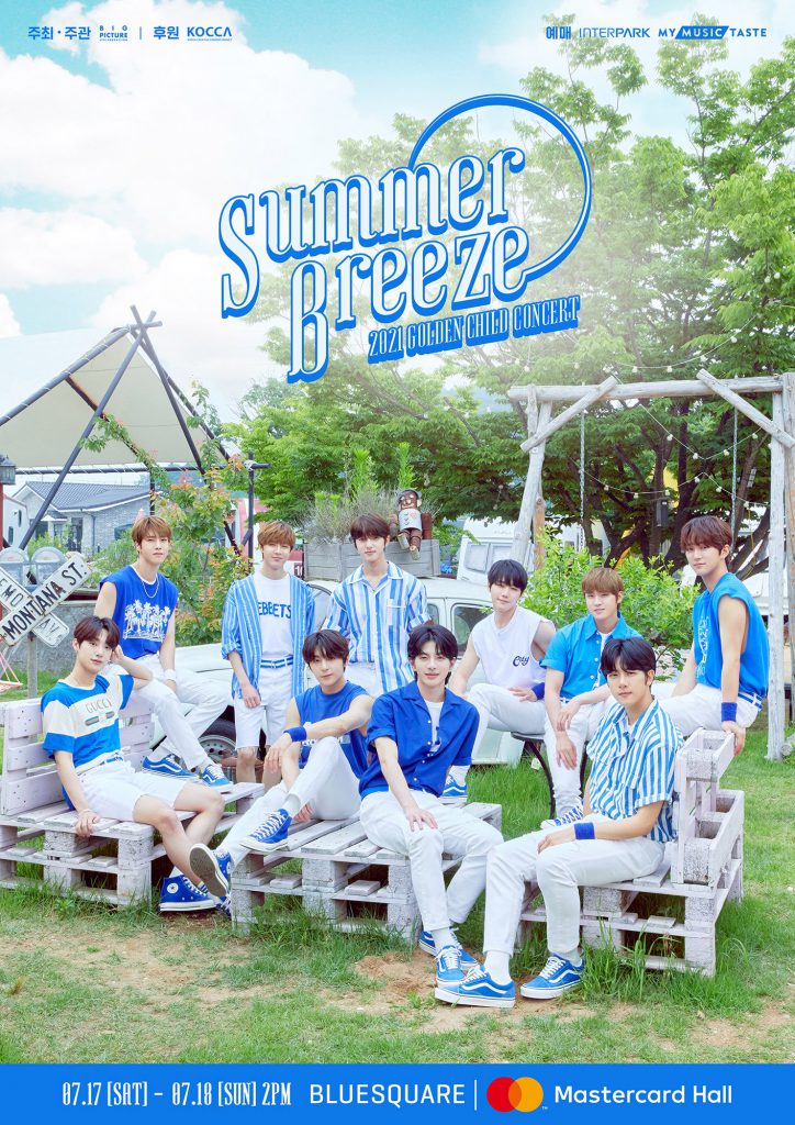 K-Pop boy group Golden Child shown wearing blue-toned, summer outfits as the sit outside their campsite at their summer getaway. Photo shows the event title '2021 Golden Child Concert Summer Breeze' on Saturday, July 17 to Sunday July 18.