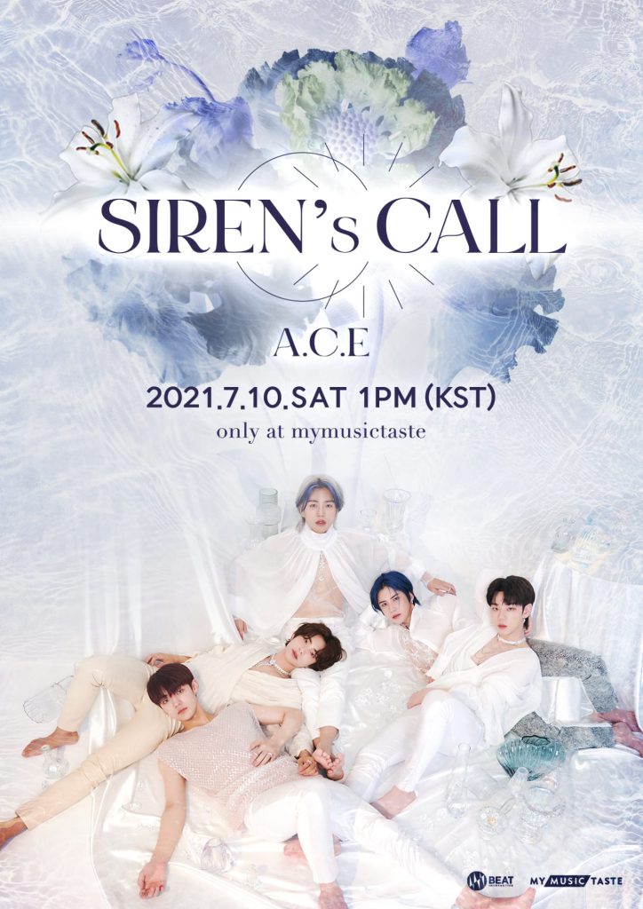 Jun, Donghun, Wow, Byeongkwan, and Chan of A.C.E wearing white outfits and laying on the seashore for their online concert poster titled Siren's call
