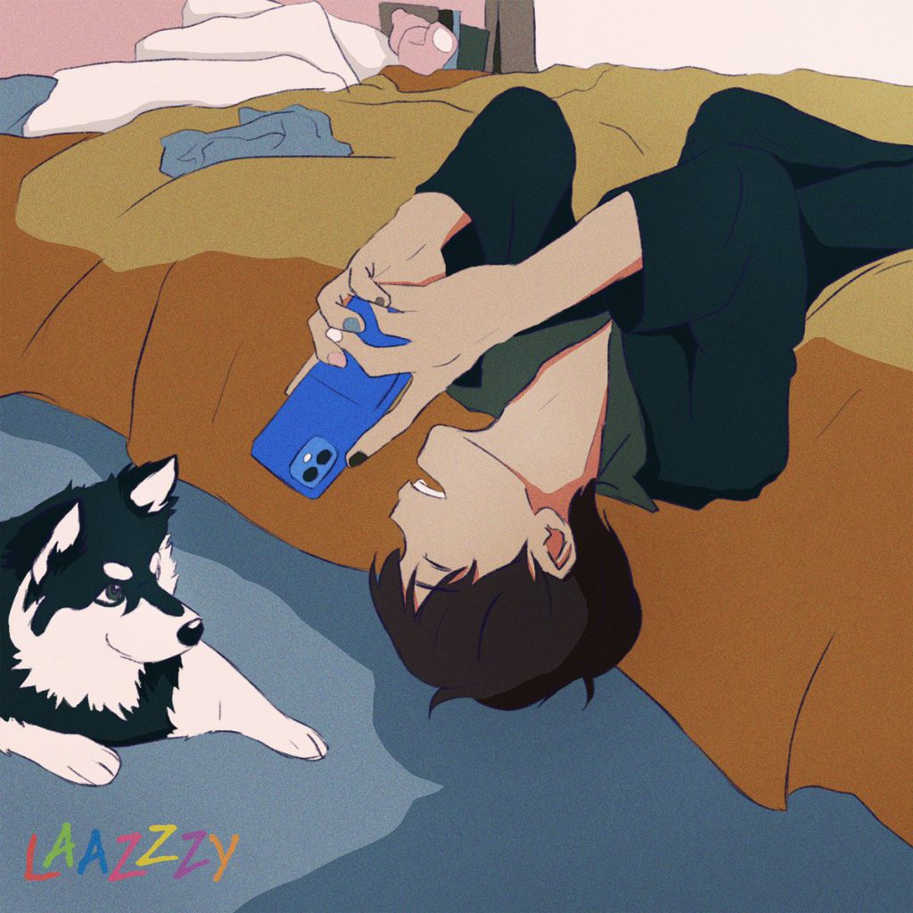 Cover art of Woosung and his dog Woolfy being lazy at home for his new song, "Lazy"