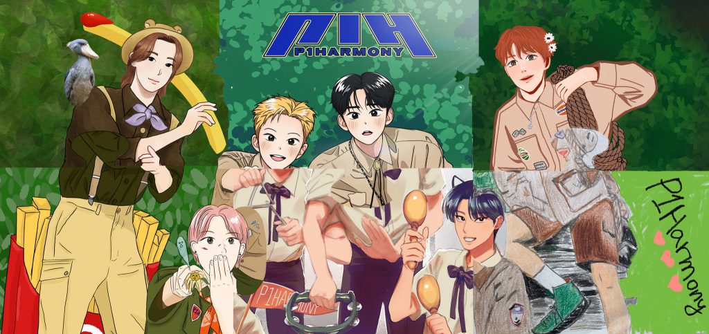 A compiled artpiece consisting of five different P1HARMONY fanart drawn by six fans for 2021 P1Harmony ONLINE FAN MEETING “P1uspace H : Time To Move Out.